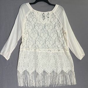 Free People womens sz M sheer floral lace front top boho festival fringed ivory